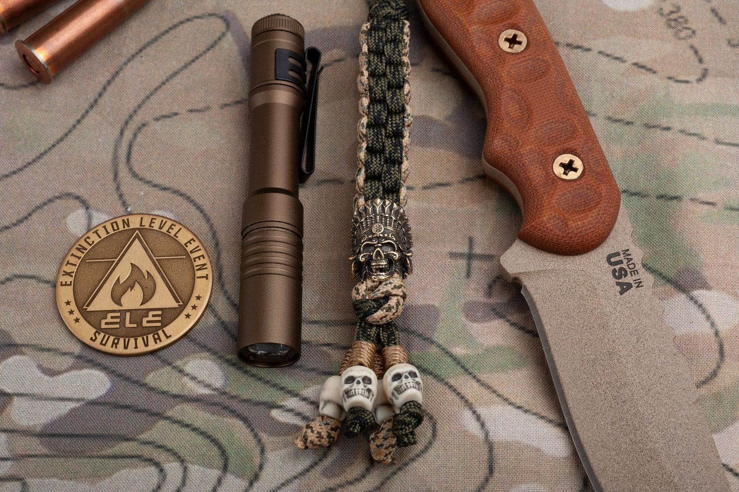 Bone Collector Paracord Knife Lanyard With Brass Indian Chief Bead