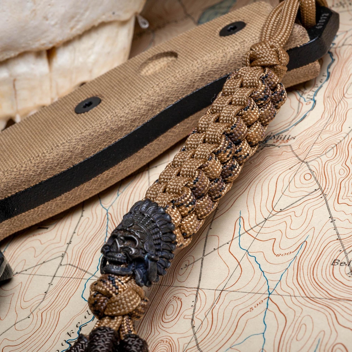 Coyote Hunter Paracord Knife Lanyard With Black Indian Chief Bead