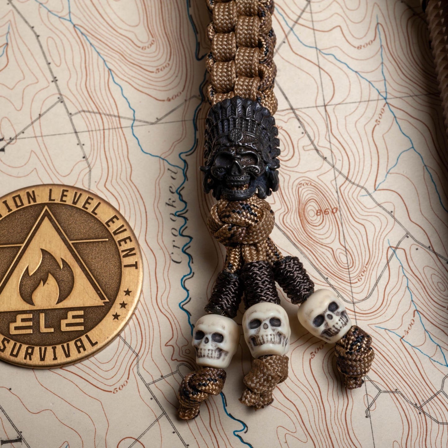 Coyote Hunter Paracord Knife Lanyard With Black Indian Chief Bead