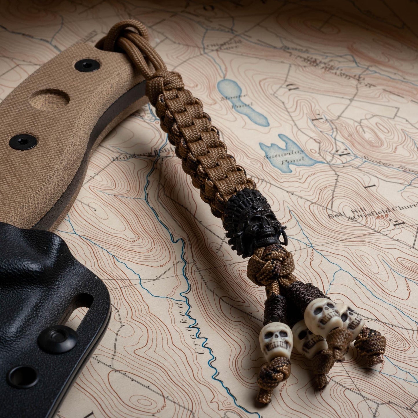 Coyote Hunter Paracord Knife Lanyard With Black Indian Chief Bead