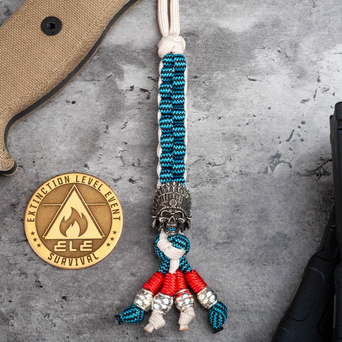 Turquoise and Silver Indian Chief Knife Lanyard