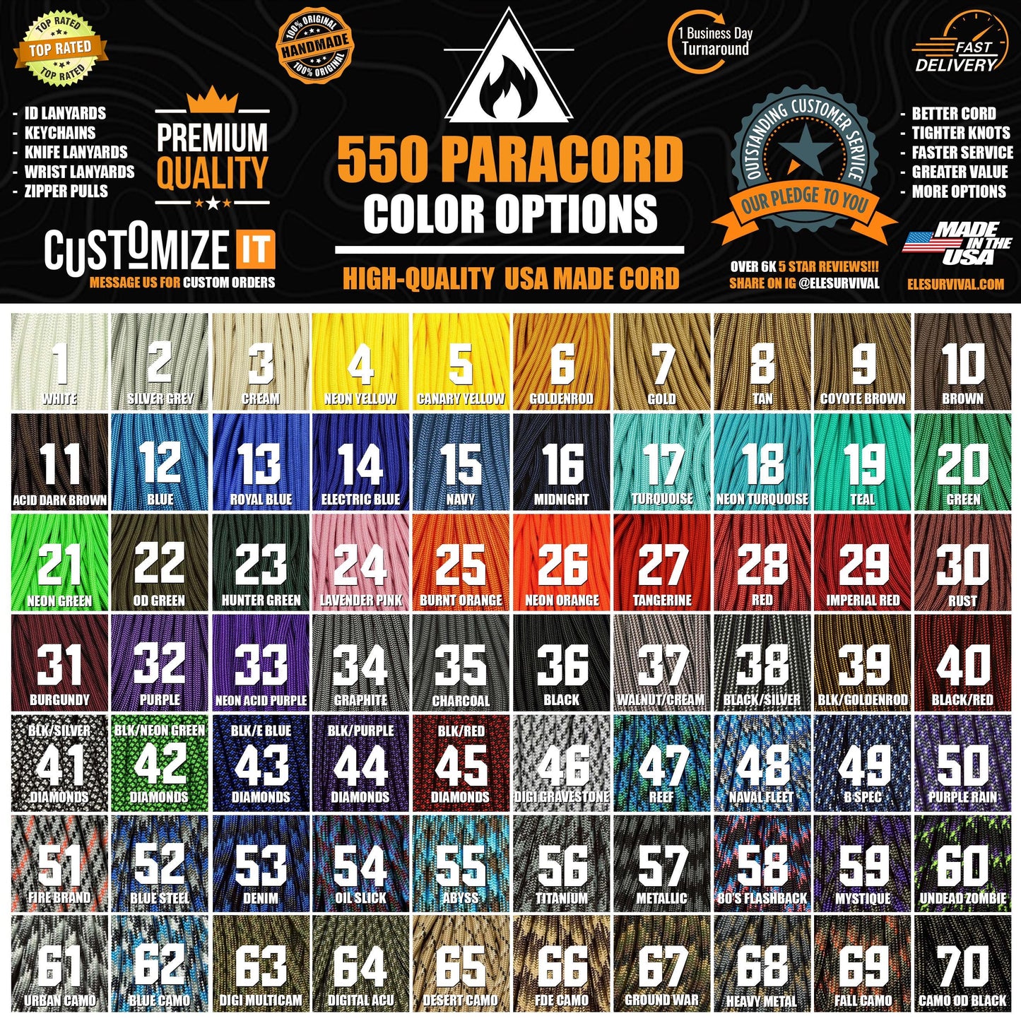 275 Paracord Hybrid Knife Lanyard With 550 Paracord Center | Choose From Over 100 Paracord Colors and 5 Beads