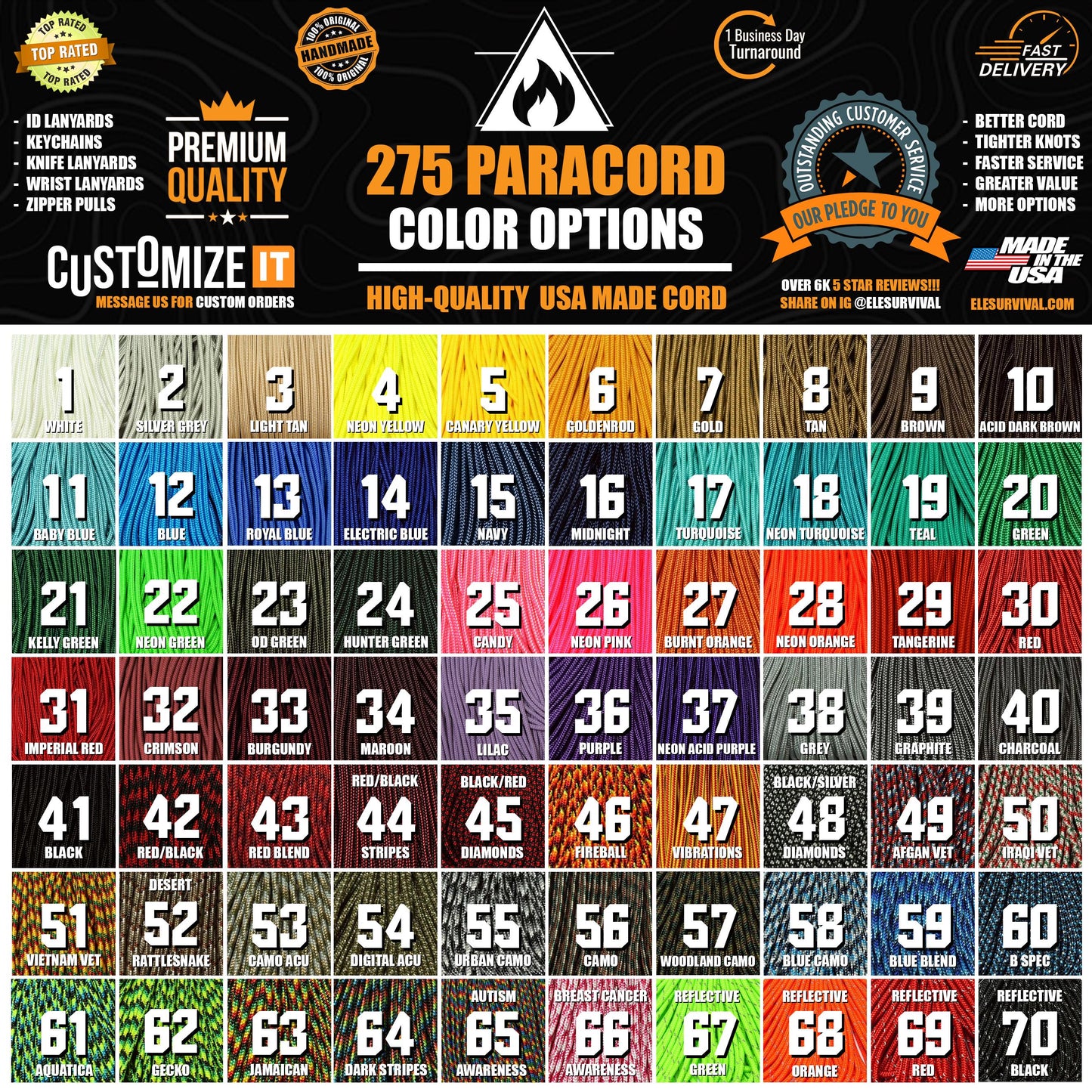 275 Paracord Hybrid Knife Lanyard With 550 Paracord Center | Choose From Over 100 Paracord Colors and 5 Beads