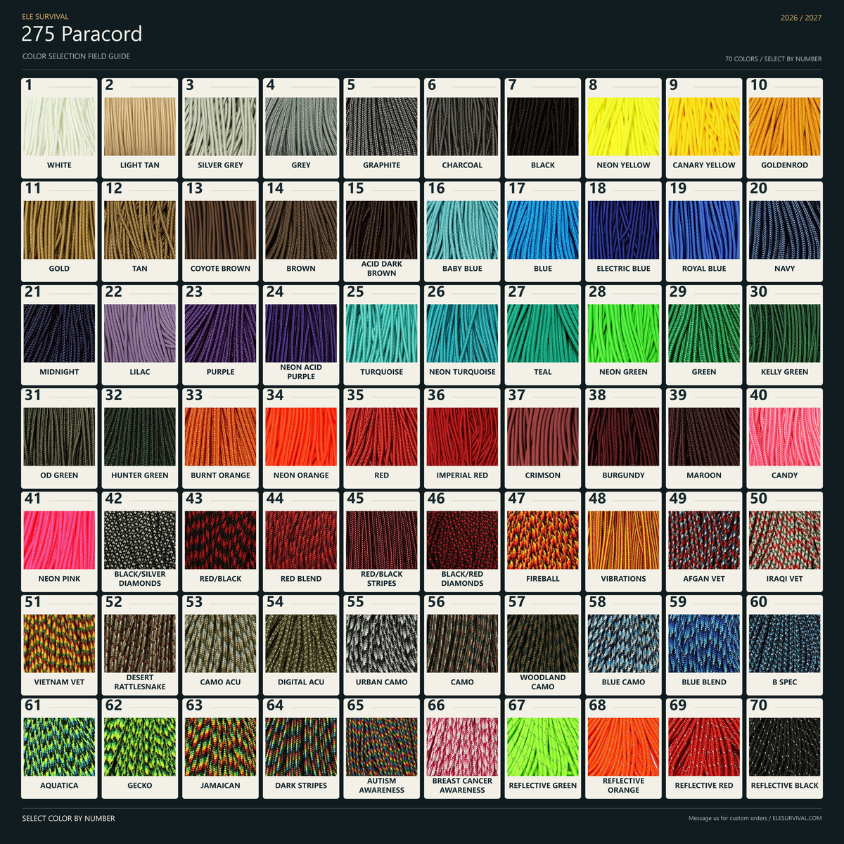 275 Paracord Color Chart v002 — 70 colors