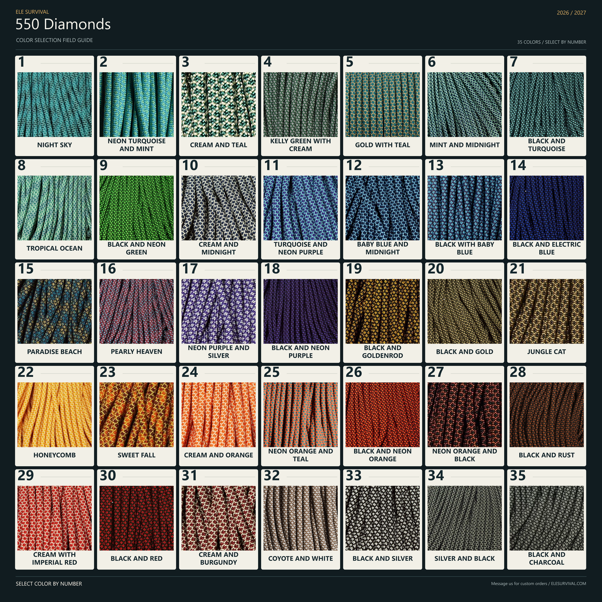 550 Diamonds Paracord Color Chart v002 — 35 colors