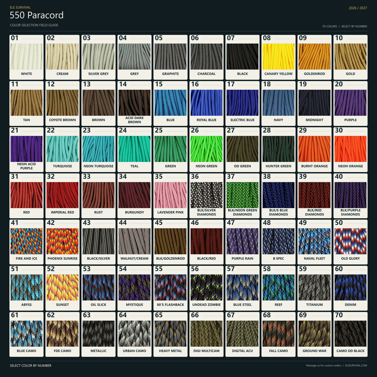 550 Paracord Color Chart v004 — 70 colors
