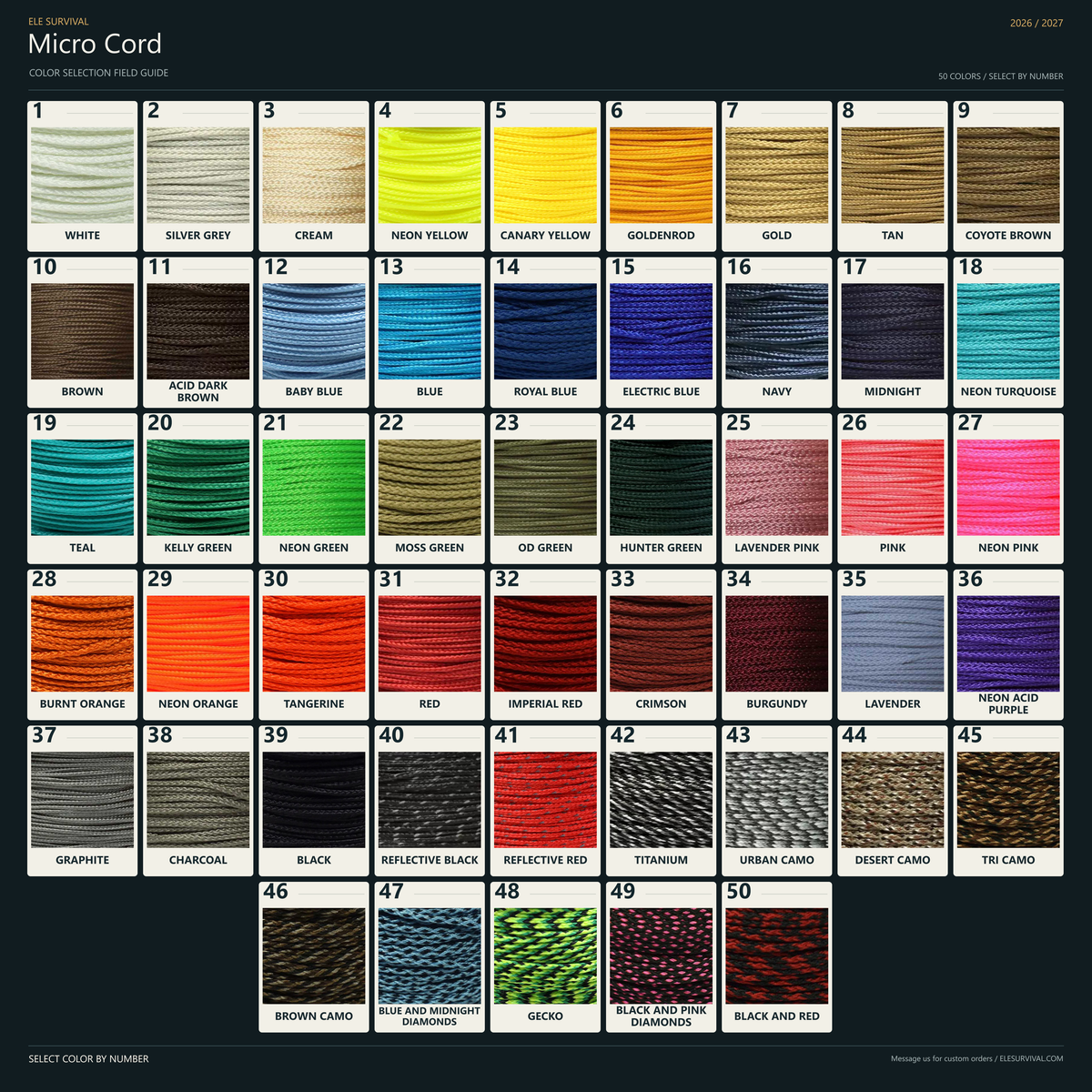 Micro Cord Color Chart v001 — 50 colors