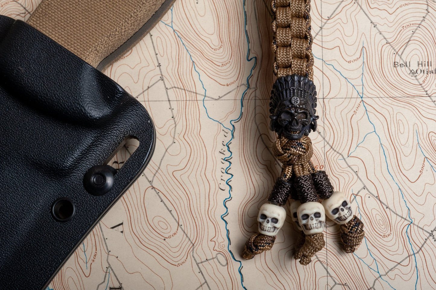 Coyote Hunter Paracord Knife Lanyard With Black Indian Chief Bead